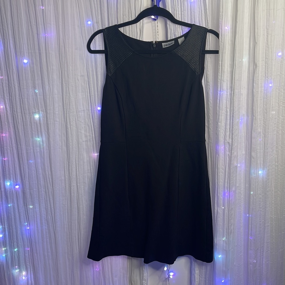 Black Midi Sheath Dress w/ Quilted “Leather” Detail